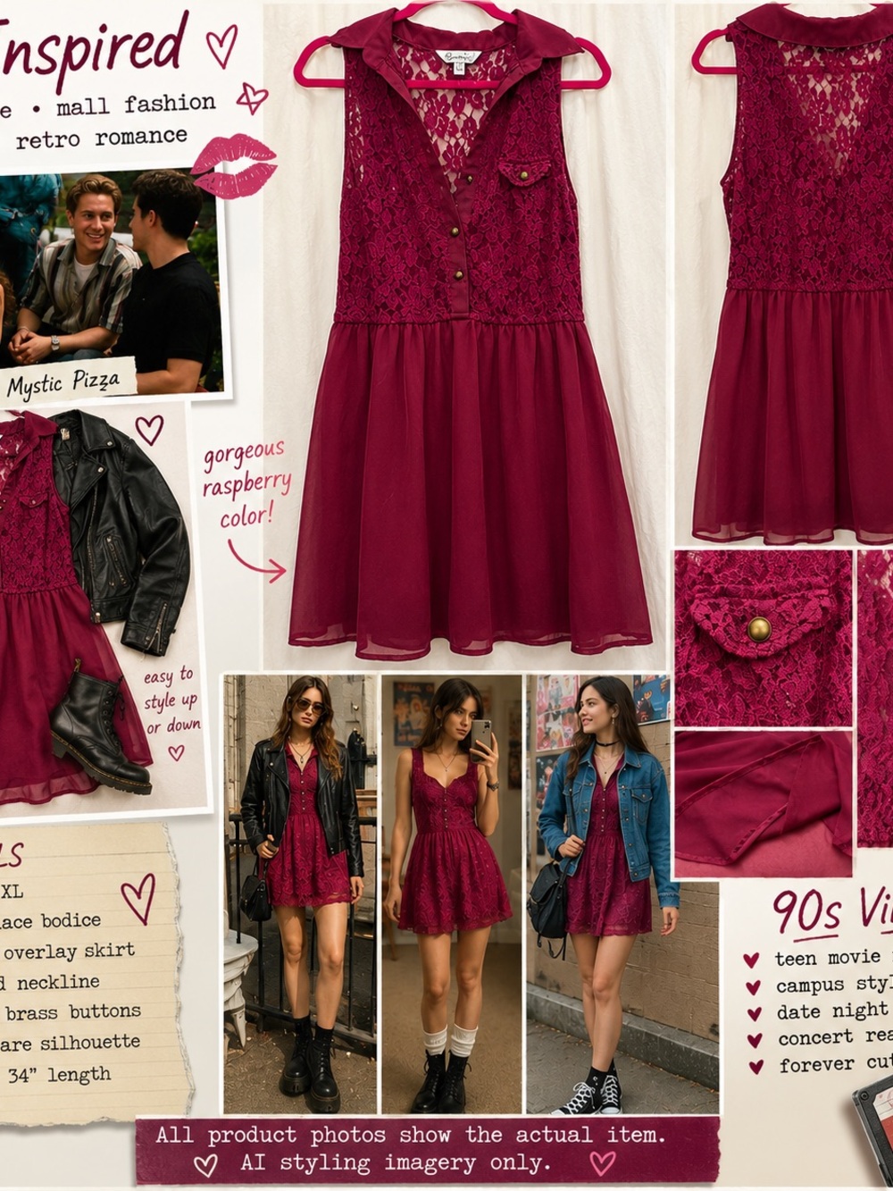 Speechless Juniors XL Raspberry Lace Chiffon Mini Dress 90s Inspired Collared
